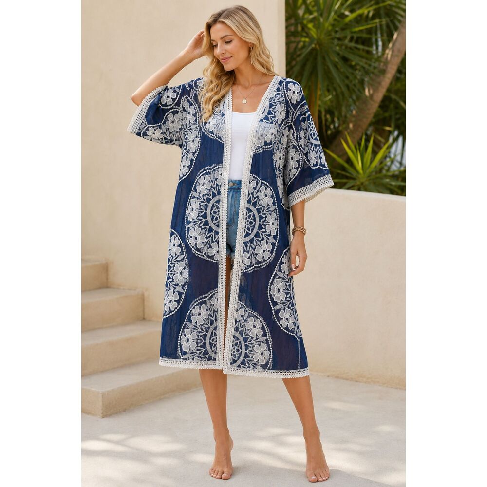 Raj Blue Embroidered Floral Tunic Cover Up Boho Kimono One Size Beach Duster